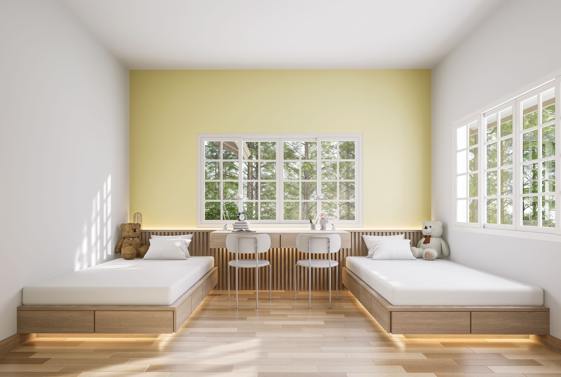Modern contemporary kids double bedroom 3d render