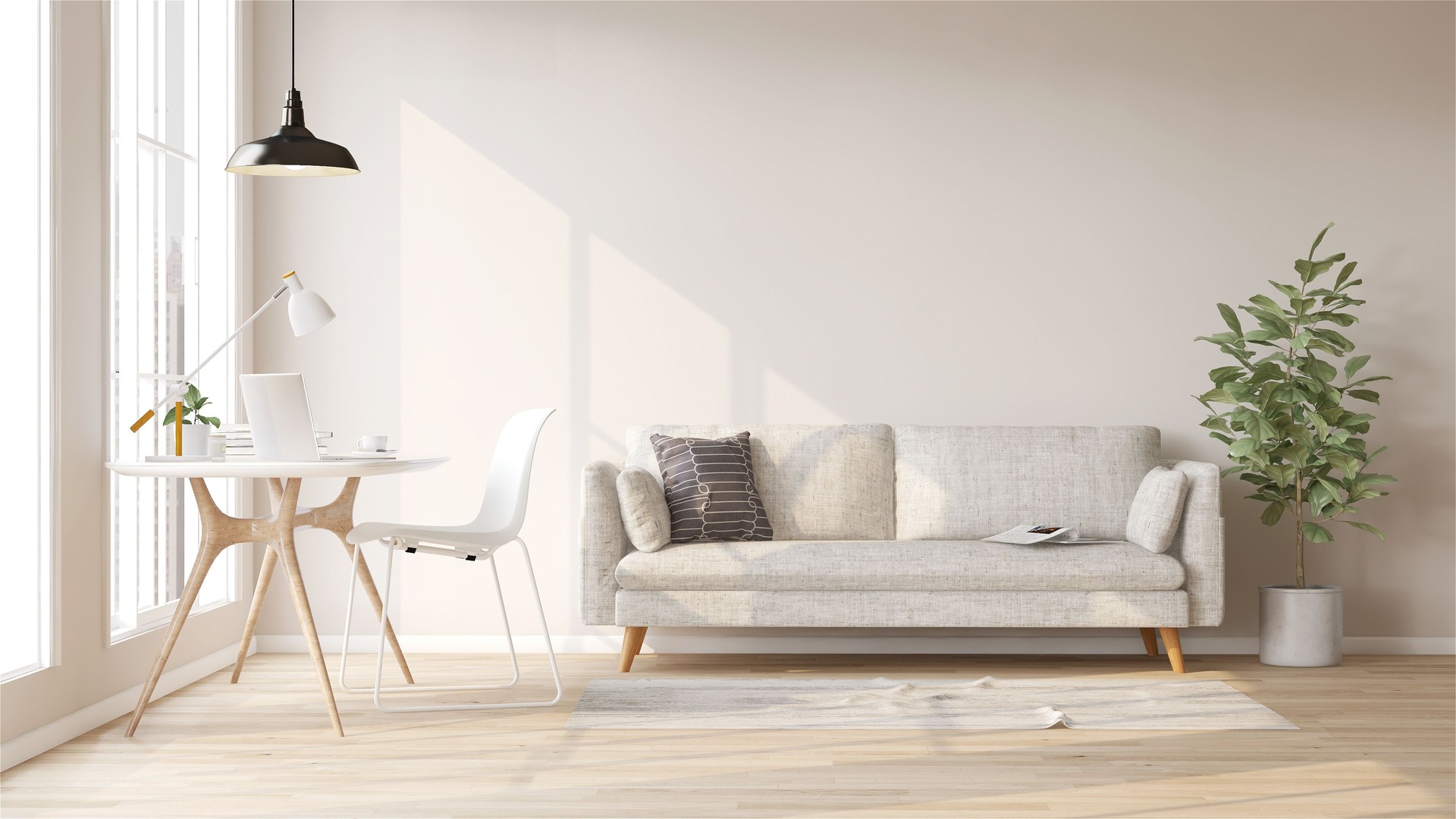 White fabric sofa, fiddle leaf fig plant, wooden working desk and chair in modern and luxury creamed wall and parquet floor room with sunlight from window